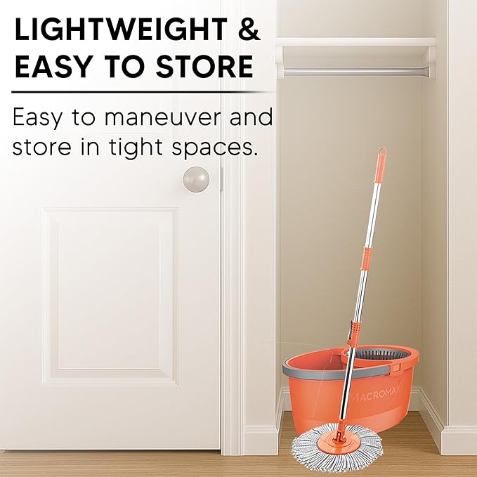 Macromax Faster Spin Mop and Bucket Set with 1 Refill– 360° Rotating Microfiber Mop with Smart Drying System – Adjustable Dampness – Ergonomic Handle – Multi-Surface Floor Cleaning Tool