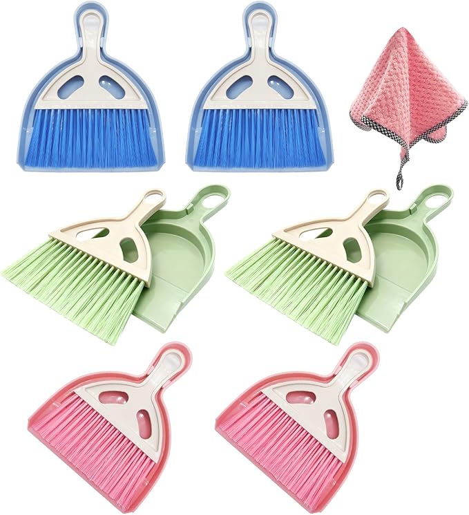 6Pcs Small Dust Pan and Brush Set with Cleaning Cloth - Blue & Green & Pink Brooms, Mini Hand Broom and Dustpan Set Whisk Dustpan Brush Kid Broom for Table Desk Car Keyboard