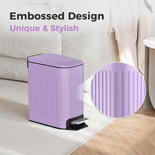 TrashAid Slim Bathroom Trash Can with Lid Soft Close, 6 Liter/1.6 Gallon Stainless Steel Small Garbage Can with Removable Inner Bucket, Step Pedal, Slim Wastebasket for Toilet, Office, Bedroom, Purple