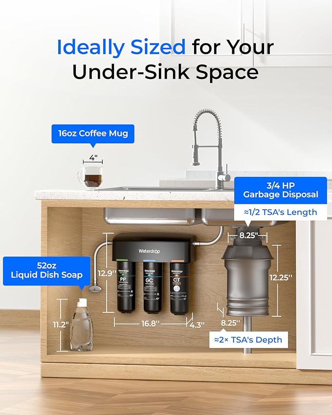 Waterdrop TSA 8 Layer Under Sink Water Filter System, Under Sink Water Filtration System, Reduces PFAS, PFOA/PFOS, Fluoride, Chlorine, Bad Taste & Odor, NSF/ANSI 42 Certified Element, USA Tech