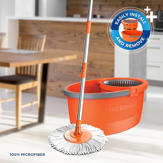 Macromax Faster Spin Mop and Bucket Set with – 360° Rotating Microfiber Mop with Smart Drying System – Adjustable Dampness – Ergonomic Handle – Multi-Surface Floor Cleaning Tool