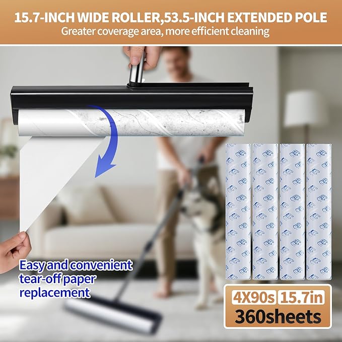 Large Lint Rollers for Carpet, 15.74 in Extra Sticky Rollers for Floor with 4 Extendable Handle, Long Handle Sticky Mop for Cleaning Carpet, Car, Clothes,Dog and Cat Pet Hair Remover with 360 Sheets