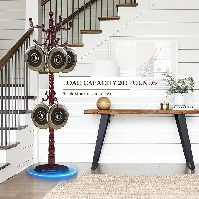 Wood Coat Rack Freestanding, Natural Coats Tree Stand with 14 Hooks, 73" Sturdy and Easy Assembly Coat Rack Stand for Entryway, Hallway, Bedroom, Bags, Hats (Heavy-duty Disc Base, Rosewood)