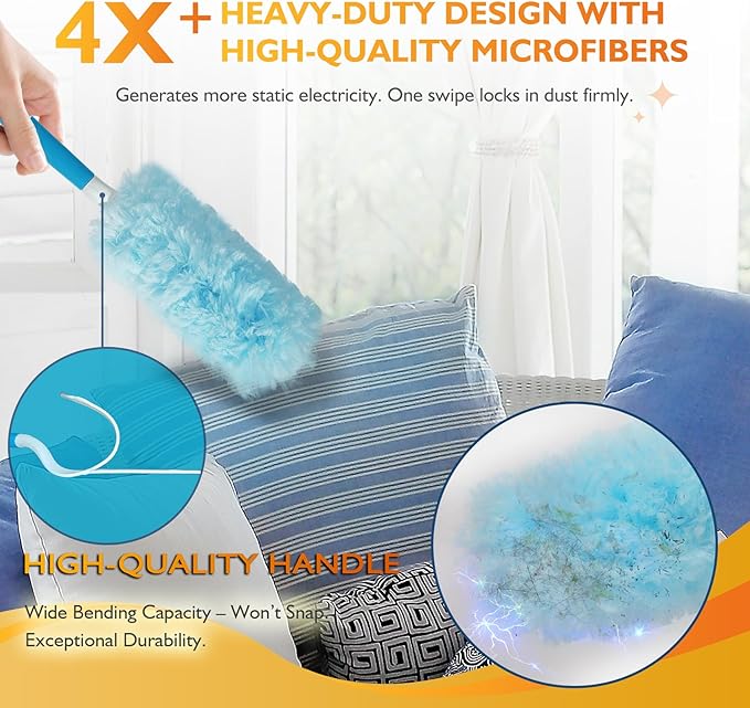 Thickened 60ct 360° Heavy Duty Duster Refills Kit for Swiffer Duster, 4X Dust Capture Power, Multisurface Disposable Dusters for Cleaning Home & Office, 1 3ft Extended & 1 Short Handle