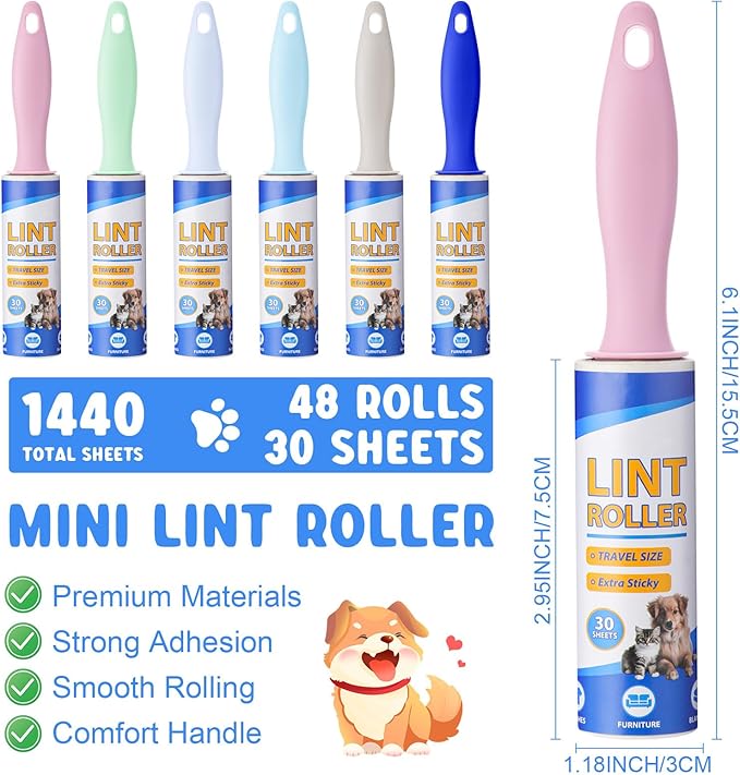 Hushee 48 Pack Bulk Mini Lint Roller for Travel 1440 Sheets 6'' Small Lint Removers Portable Lint Roller Travel Size Removers Sticky Removing Tool for Pet Hair Clothes Furniture Car Seat