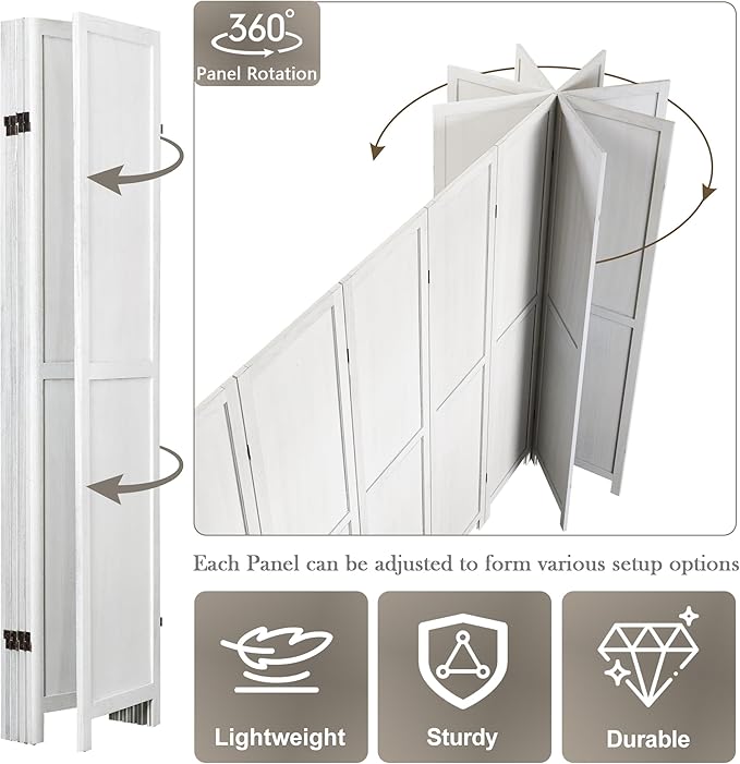 WelFurGeer 6 Panel Room Divider Screen - 360° Adjustable Folding Panels for Privacy, Bedroom, Living Room & Patio, Handcrafted Decorative Room Divider, Freestanding Divider for Room Separation (White)