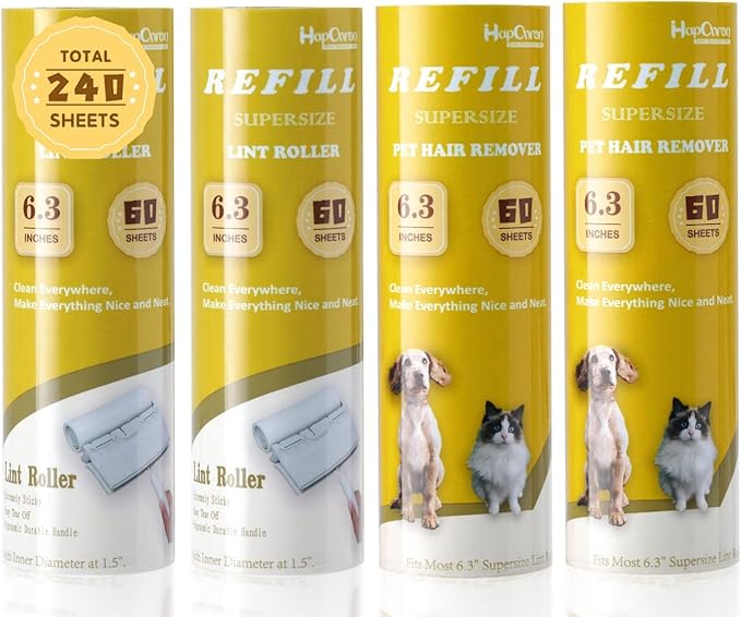 Large Surface Lint Roller Extra Sticky Refills, Total 240 Easy Tear Sheets, Insert Tube Measures 1.5" and Fits Most Supersize 6.3'' Wider Lint Roller, Works Great On Pet Hair(Pack of 4)