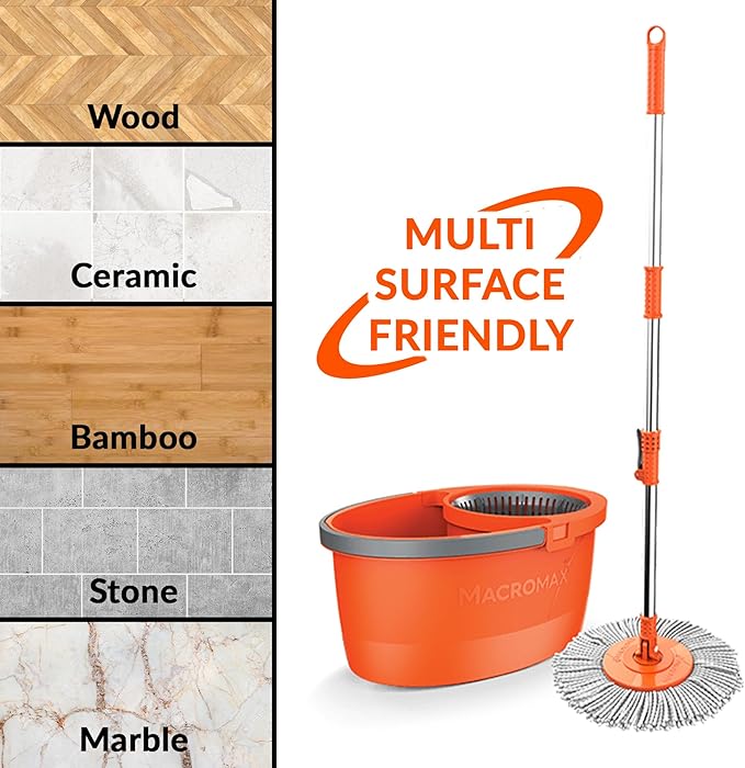 Macromax Faster Spin Mop and Bucket Set with 4 Refill– 360° Rotating Microfiber Mop with Smart Drying System – Adjustable Dampness – Ergonomic Handle – Multi-Surface Floor Cleaning Tool