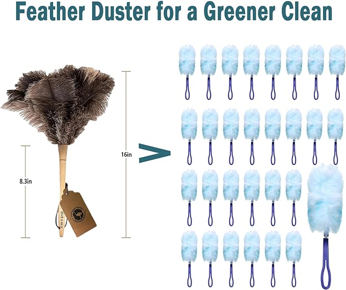 Feather Duster, Feather Dusters for Cleaning Ddzmz Fluffy Natural Genuine Ostrich Feathers with Wooden Handle Reusable Handheld Ostrich Feather Duster Cleaning Supplies, Gray and Brown(Length 16")