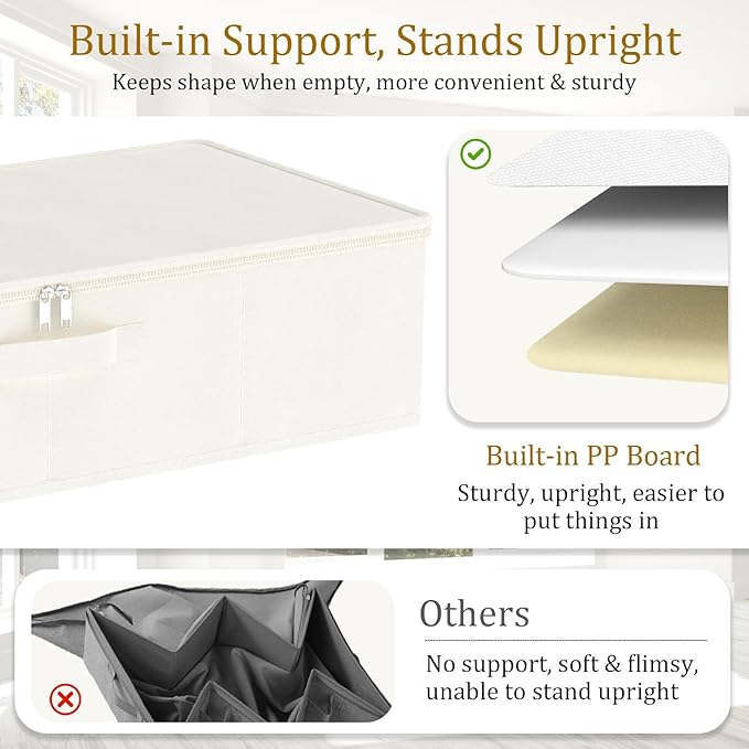 Yawinhe Foldable Underbed Storage Bags, Containers Bin with Lids, Large Under Bed Organizer Box, with Sturdy Zipper und Label Holders, for Clothing, 31.5''Lx15.7''Wx6''H, 2 Pack, Beige