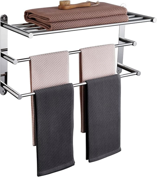 KOKOSIRI Storage Organizer Shelf Wall Mounted Double Towel bar with Shelf Bathroom Towel Rack Double Towel Rack, Polished Chrome, B5003CH