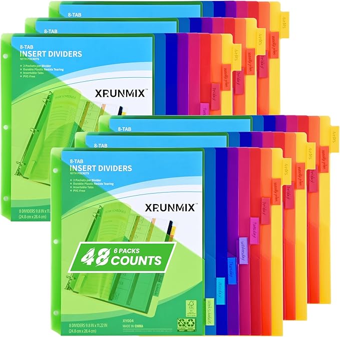 8-Tab Binder Dividers - Index Pockets Divider for 3 Ring Binders, 3-Hole Plastics Sheets Protectors for US Letter Size in 0.5'', 1'', 2'', 3 inch Binders, 8 Colors (XY004) (6 Packs)