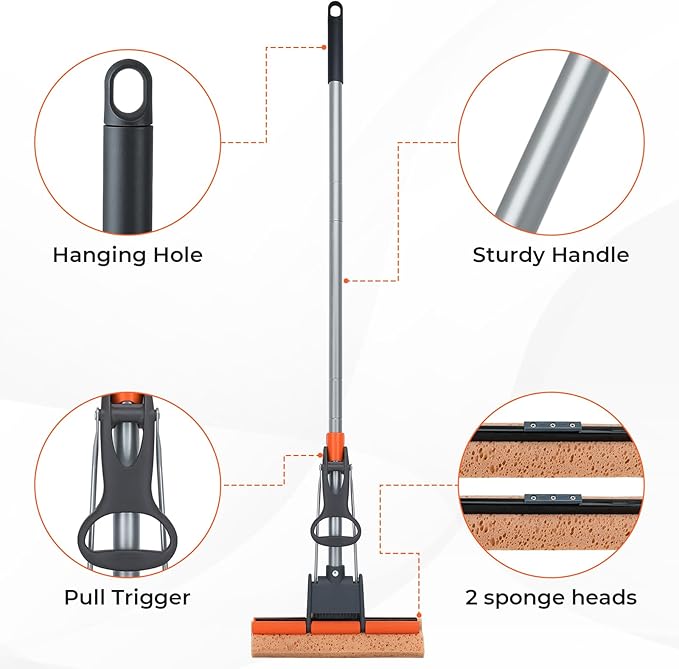 Sponge Mops for Floor Cleaning with 2 Cellulose Mop Head Refills and 55” Long Handle, Heavy Duty Roller Mop, Easy Self Squeeze for Hard Wood Tile Concrete Bathroom or Kitchen Floor Wall Ceiling