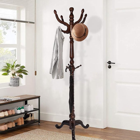 Wooden Coat Rack Freestanding, Vintage Coat Racks with Sturdy Round Base, Adjustable Height 37.40"-72.83" Entrance Coat Rack for Bedroom Living Room Entryway (Vintage Triangle)