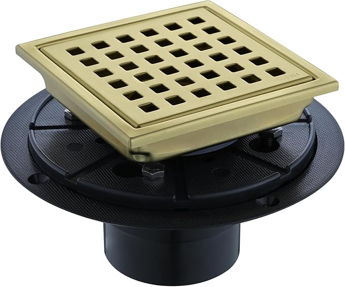 Square Shower Drain 4-Inch with ABS Flange, Brushed Gold, Removable Grille,Bathroom Stainless Steel Shower Floor Drain