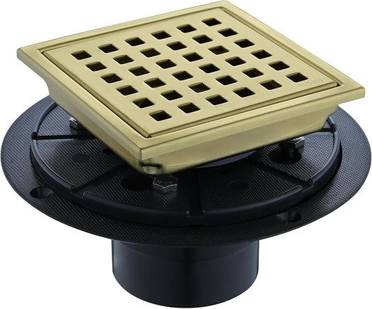 Square Shower Drain 4-Inch with ABS Flange, Brushed Gold, Removable Grille,Bathroom Stainless Steel Shower Floor Drain