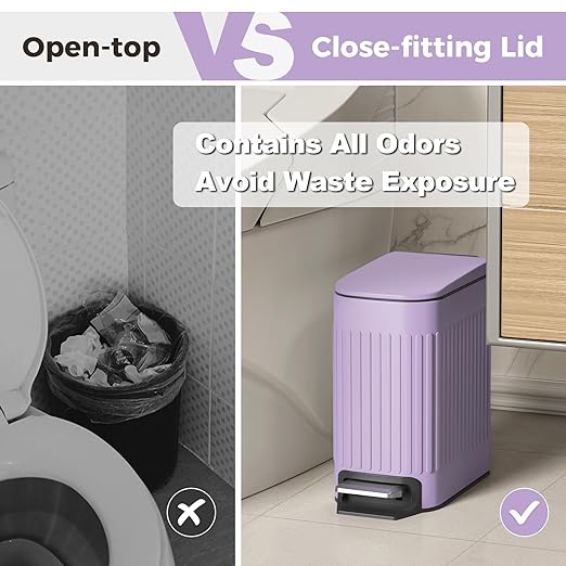 TrashAid Slim Bathroom Trash Can with Lid Soft Close, 6 Liter/1.6 Gallon Stainless Steel Small Garbage Can with Removable Inner Bucket, Step Pedal, Slim Wastebasket for Toilet, Office, Bedroom, Purple