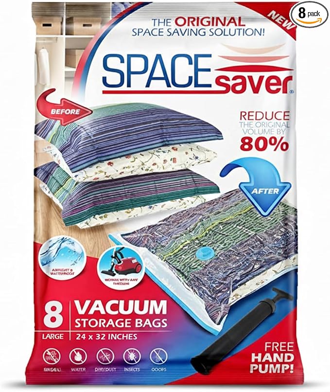Spacesaver 8 Pack Large Vacuum Storage Bags for Comforters, Blankets & Clothes – Vacuum Sealed Compression Bags with Hand Pump – Space Saver Storage Bags for Bedding, Moving, Travel & Organization