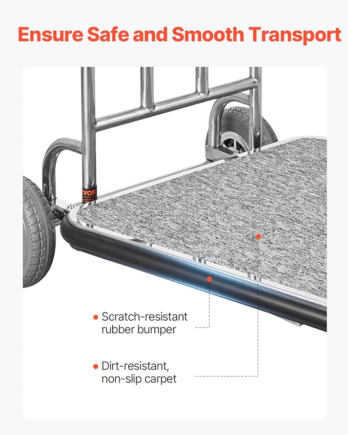 VEVOR Luggage Cart, 600 LBS Load Capacity, 3 Wheel Stainless Steel Bellman Cart, Valet Kart with Grey Carpeted Deck and Rubber Wheels, Ideal for Convention Centers, Hotels, Rental Properties, Silver