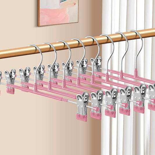 Pants Hangers with Clips 10 Pack Adjustable Skirt Hangers for Women Non-Slip Trousers Hanger for Jeans Clothes Hangers for Pants Heavy Duty Space Saving Shorts Hangers,Pink,14Inch