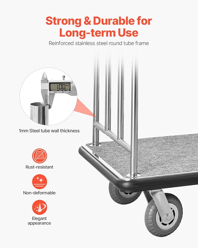 VEVOR Hotel Luggage, 800 LBS Load Capacity, Brushed Stainless Steel Finish Bellman's Cart, Valet Cart with Grey Carpeted Deck and 6-inch Rubber Wheels, Ideal for Hotels, Condos, Resorts, Silver