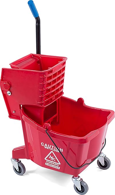 Carlisle FoodService Products 26-Quart Commercial Mop Bucket with Side-Press Wringer, Precision-Molded Polypropylene, Durable Wringer, Bucket with Non-Marking Casters, 18.5 x 16.5 x 23 Inches, Red