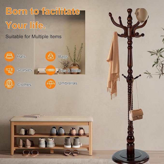 Wooden Coat Rack Stand, 72" Birch Coat Rack Freestanding, Adjustable Height, Coat Tree for Home Bedroom Office Hallway Entryway (Brown disc)