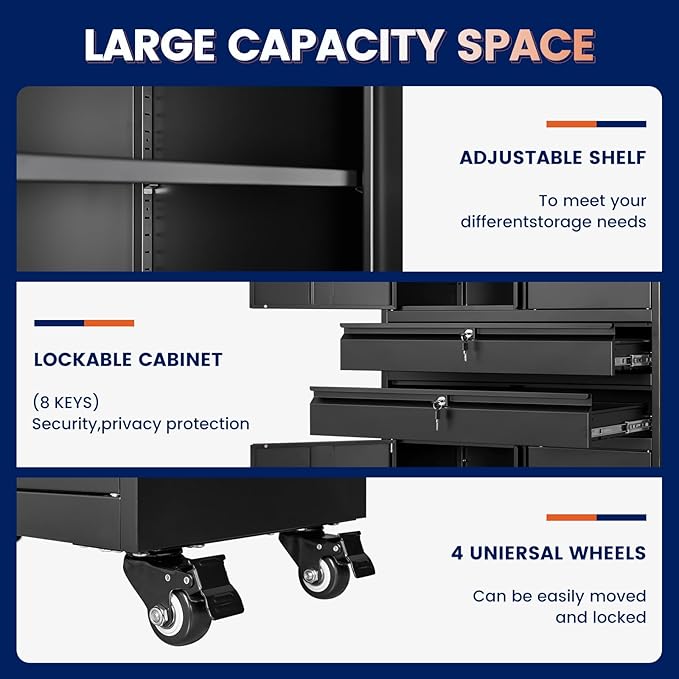 Yizosh Metal Garage Storage Cabinet with Locking Doors and Adjustable Shelves, 74" Rolling Tool Storage Cabinet with 4 Wheels and 2 Drawer for Garage,Warehouse