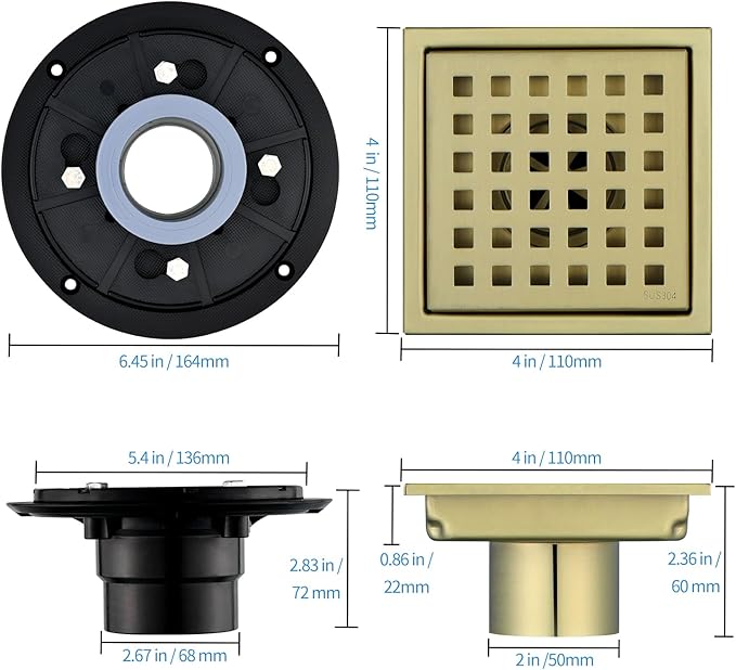 Square Shower Drain 4-Inch with ABS Flange, Brushed Gold, Removable Grille,Bathroom Stainless Steel Shower Floor Drain