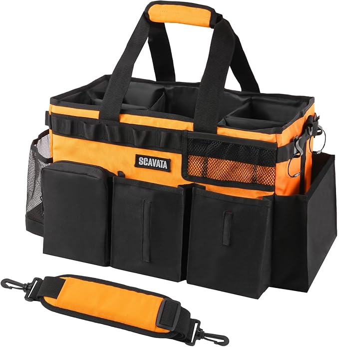 Wearable Cleaning Caddy Bag, Cleaning Caddy Supplies Organizer with Handle & Shoulder Straps for Housekeepers, Under Sink & Car Cleaning Tool Organizers with 4 Foldable Divider (Orange)