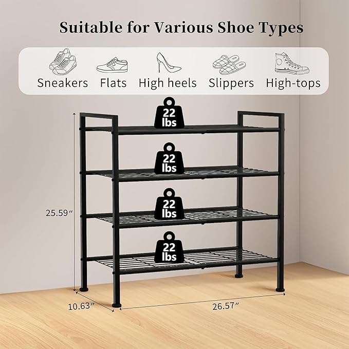 4-Tier Shoe Rack,Metal Simple Shoe Storage Organizer Shelf for Closet,Entryway, Bedroom,Garage (Black, 4 Tier)