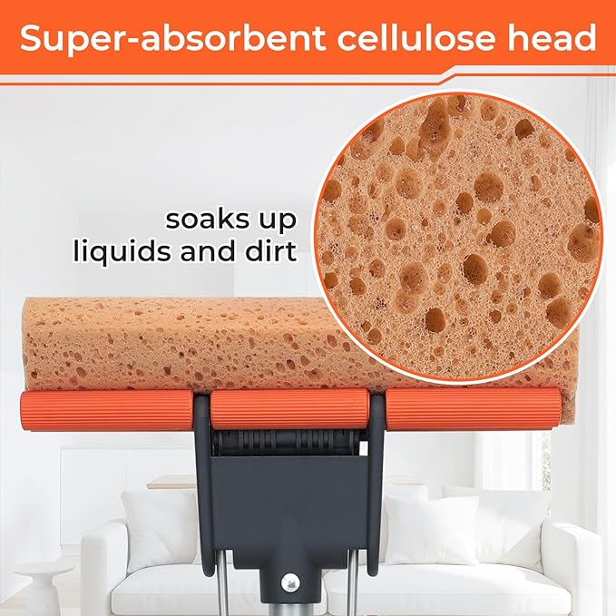 Sponge Mops for Floor Cleaning with 2 Cellulose Mop Head Refills and 55” Long Handle, Heavy Duty Roller Mop, Easy Self Squeeze for Hard Wood Tile Concrete Bathroom or Kitchen Floor Wall Ceiling
