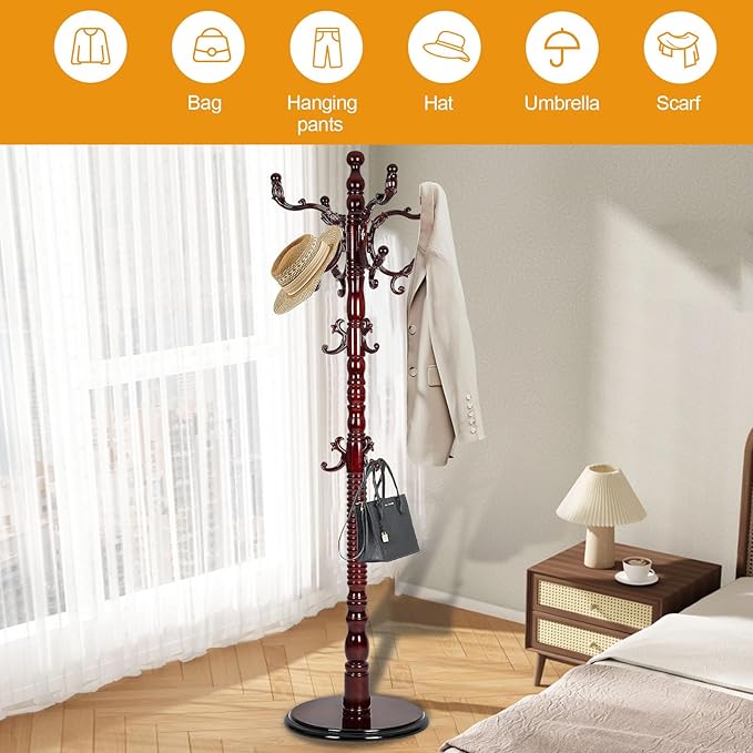 Wooden Coat Hanger Stand, Coat Rack Freestanding 18 Hooks, Mid Century Vintage Coat Tree for Entryway, Adjustable Height 73", Heavy Duty Coat stand for Home Bedroom, Office(Walnut)