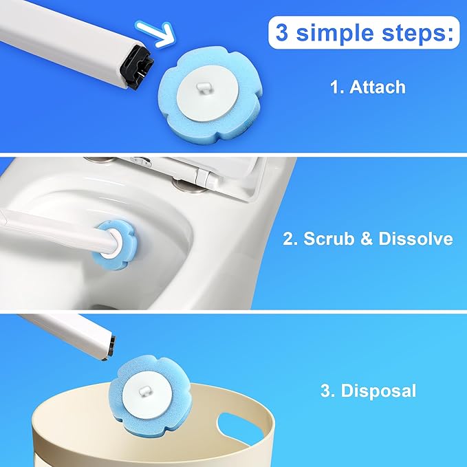 JOYMOOP White Flat Mop & Bucket with 1 Microfiber Pad, 12 Disposable Toilet Brushes, Stainless Steel Toilet Brush and Holder Set, Multi-Functional Cleaner for Floors, Windows, and Toilets