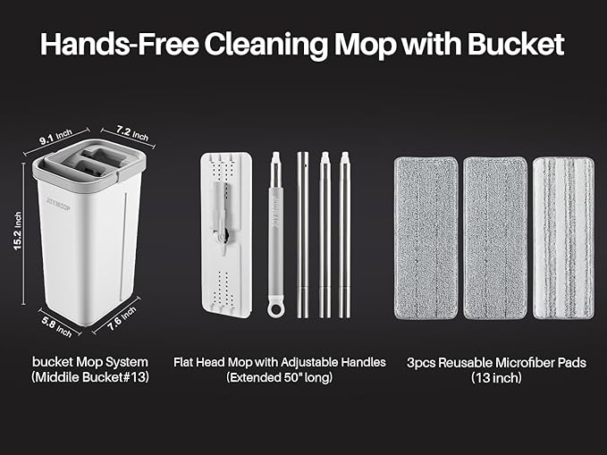 JOYMOOP Mop and Bucket with Wringer Set, Hands Free Flat Floor Mop and Bucket, with 3 Washable Microfiber Pads, Wet and Dry Use, Floor Cleaning System
