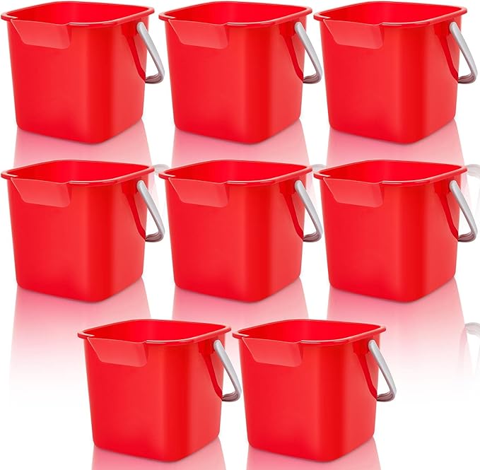Irenare 8 Pcs Sanitizing Bucket 3 Quart Cleaning Pail Small Detergent Square, Spout and Handle Plastic Utility Sanitizer Buckets for Restaurant Kitchen Home Offices (Red)