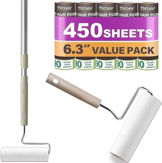 Large Lint Rollers for Pet Hair Extra Sticky,Cat Dog Hair Remover Laundry Clothes Carpet Furniture,6.3 inches Wider with 450 Sheets Giant Lint Remover Brush for Couch with Long Handle