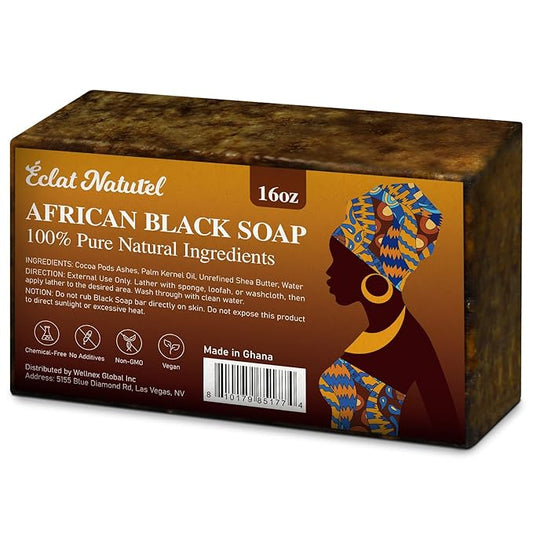 African Black Soap, 100% Pure & Natural, With Raw Shea Butter, Palm Kernel Oil and Cocoa Pods Ash for Dry & Oily Skin Care, Supports Acne & Eczema Treatment, 1 LB (16 oz)