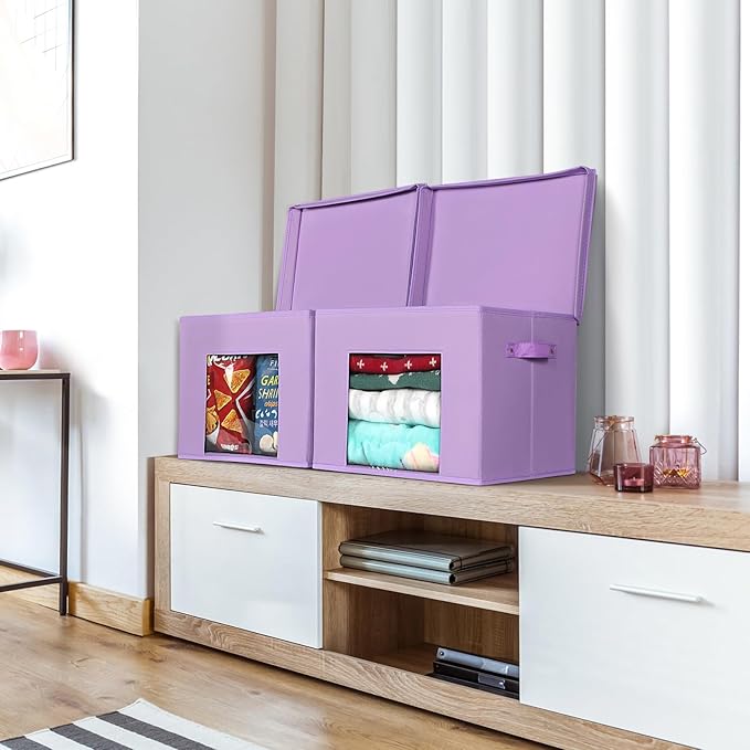 Univivi Foldable Fabric Storage Boxes Large Storage Bins with Lids [4-Pack] Collapsible Storage Cubes Organizer Containers Organization Baskets for Home, Bedroom, Closet (Purple, 17“ x 12” x 12")