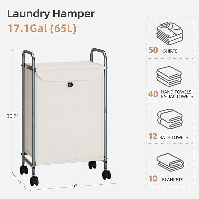 STORAGE MANIAC Rolling Laundry Hamper, Laundry Basket with Lockable Wheels, Clothes Sorter Cart, Small Clothes Separator Hamper for Closet, Bathroom, Laundrys Room, 1 Section Beige