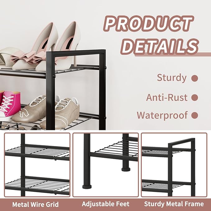 4-Tier Shoe Rack,Metal Simple Shoe Storage Organizer Shelf for Closet,Entryway, Bedroom,Garage (Black, 4 Tier)