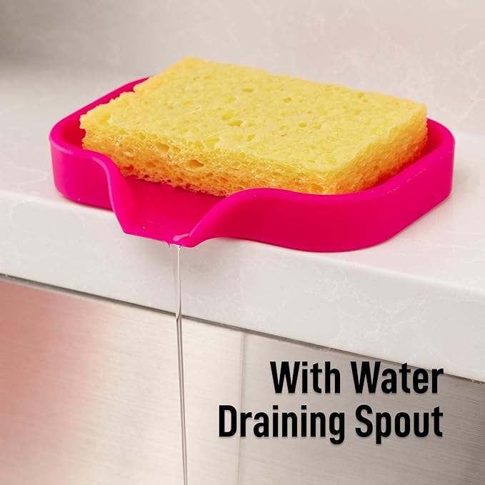 Zulay Kitchen Small Silicone Sponge Holder (4.9x3.3”) – Space-Saving Sink Organizer Tray for Sponge, Soap, Brush & More – Compact Non-Slip Dish for Kitchen & Bathroom (Dragon Fruit)
