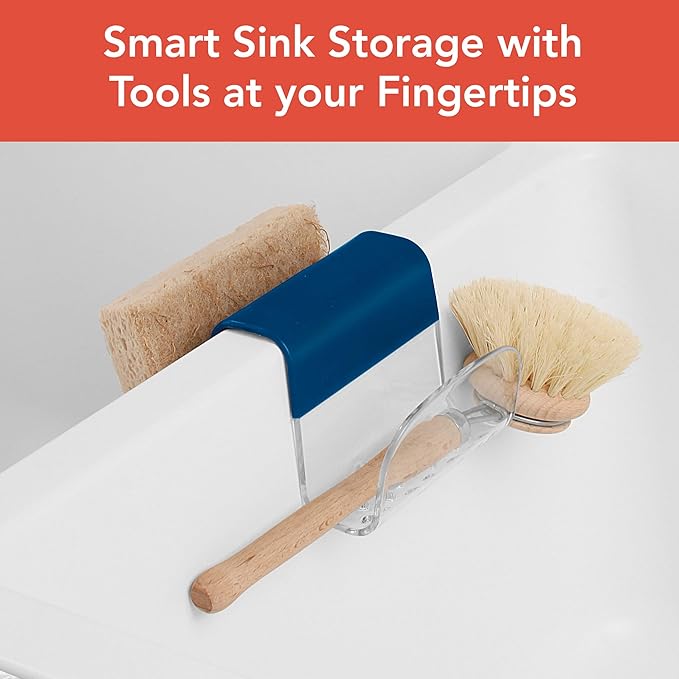 Spectrum Sink Saddle for Kitchen Sink Blue Clear Sponge and Brush Holder Organizer, Dish Brush and Sponges Plastic Saddle Caddy for Double Sink Storage with Drain Holes for Quick Drying Organization