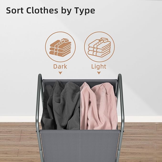 STORAGE MANIAC Rolling Laundry Hamper, 100L Laundry Basket with Lockable Wheels, Double Clothes Sorter Cart, 2 Bag Clothes Separator Hamper for Closet, Bathroom, Laundrys Room, 2 Section Gray