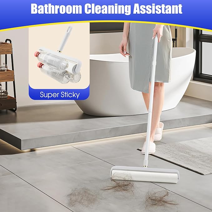 COBETE 14.17in Large Floor Lint Rollers for Pet Hair Extra Sticky, 45in Long Handle Giant Hair Picker Upper from Sticky Mop, for Cleaning Dog Cat Hair Animal Fur Removal Roller Couch Bed Sheet Carpet