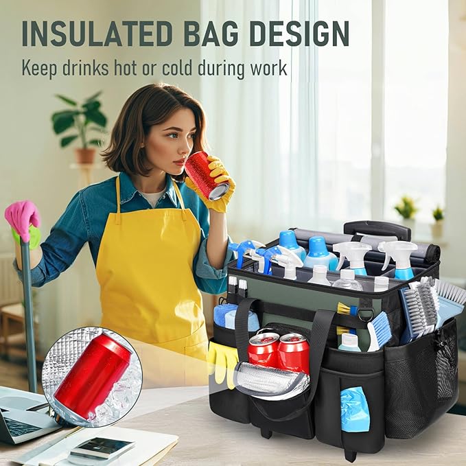 Ytonet Cleaning Caddy with Wheels, Extra Large Rolling Cleaning Caddy Bag with Detachable Trolley for Housekeepers, Water Resistant Cleaner Supplies Organizer with Wheels for Kitchen, Tool Organizer