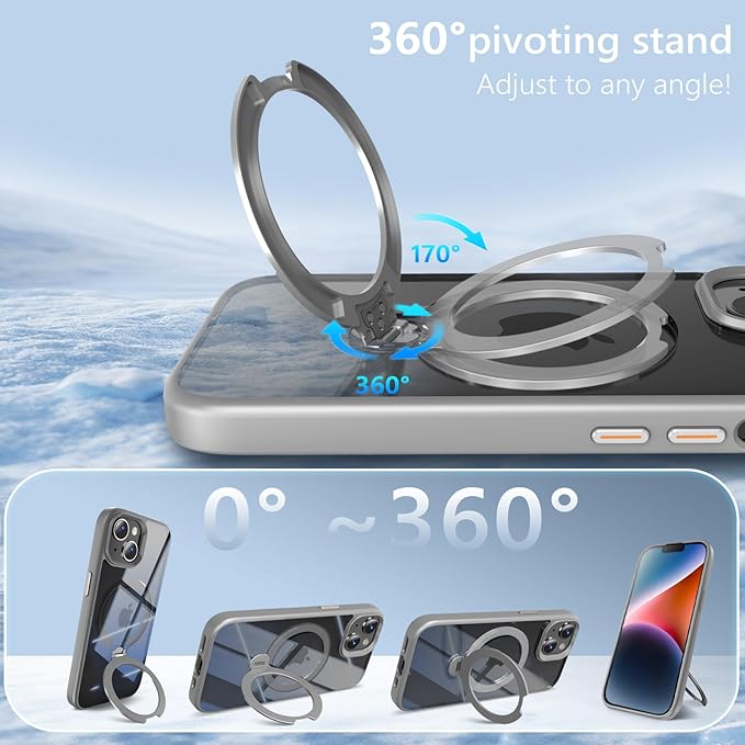 360° Spin Invisible Magnetic Stand for iPhone 14 Case [Military Grade Shockproof] [Compatible with MagSafe] Slim Translucent Matte Phone Case for iPhone 14 (6.1"), Gray