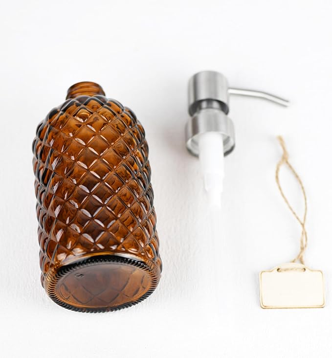 16 oz Diamond Pattern Glass Soap Dispenser, Kitchen and Bathroom Refillable Soap Dispenser with Rust Resistant Stainless Steel Pump for Hand Soap, Lotion Glass Liquid Dispenser(Amber-2pack)