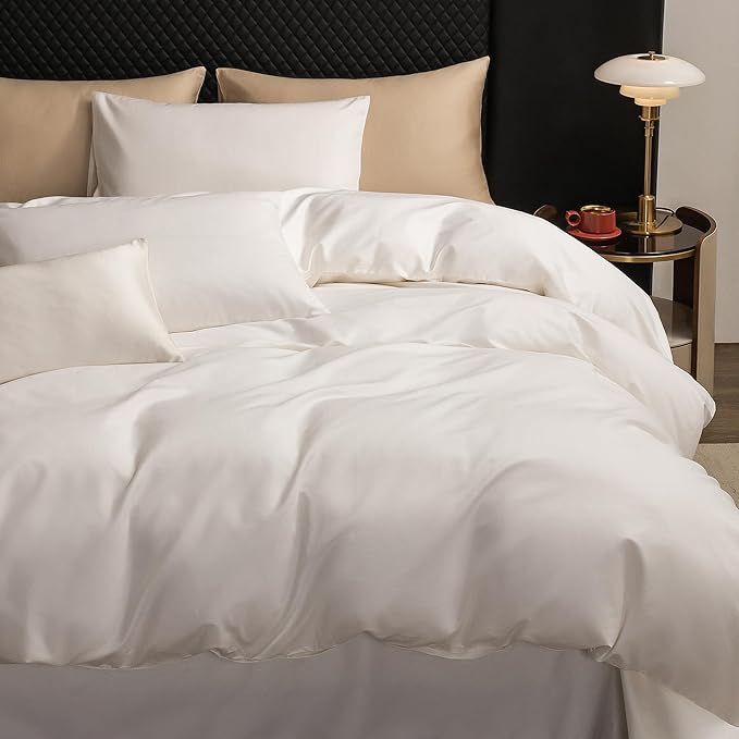 MooMee Duvet Cover Set 100% Extra Long Staple Cotton 600 Thread Count Silky Sateen Smooth Luxury Soft Breathable Durable Hotel Quality Bedding, 3 Piecess (Creamy White, Oversized King 120"x98")