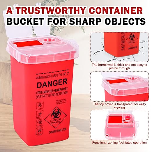 CHANGTIKEJI 1 Quart (3-Pack) Red Sharps Containers, Biohazard Needle Disposal for Home Use, Portable Travel Sharps Storage, Professional Waste Sharps Disposal Bucket